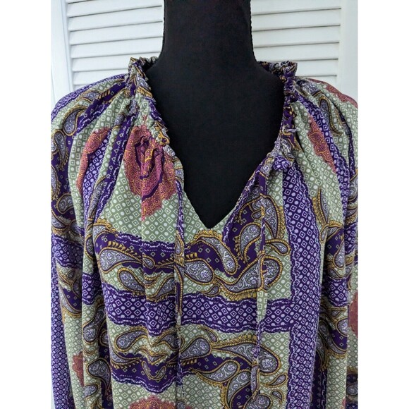 Simply Emma Top Women's sz 2X V-neck Handkerchief Print Multi Boho Peasant Panes - Picture 3 of 15